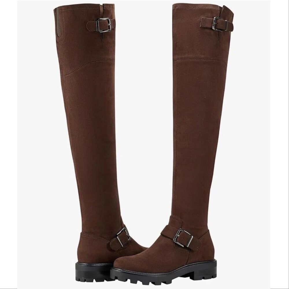 Marc Fisher Ganven Lug Sole Over The Knee OTK Moto Boots Size 9 Dark Brown NEW